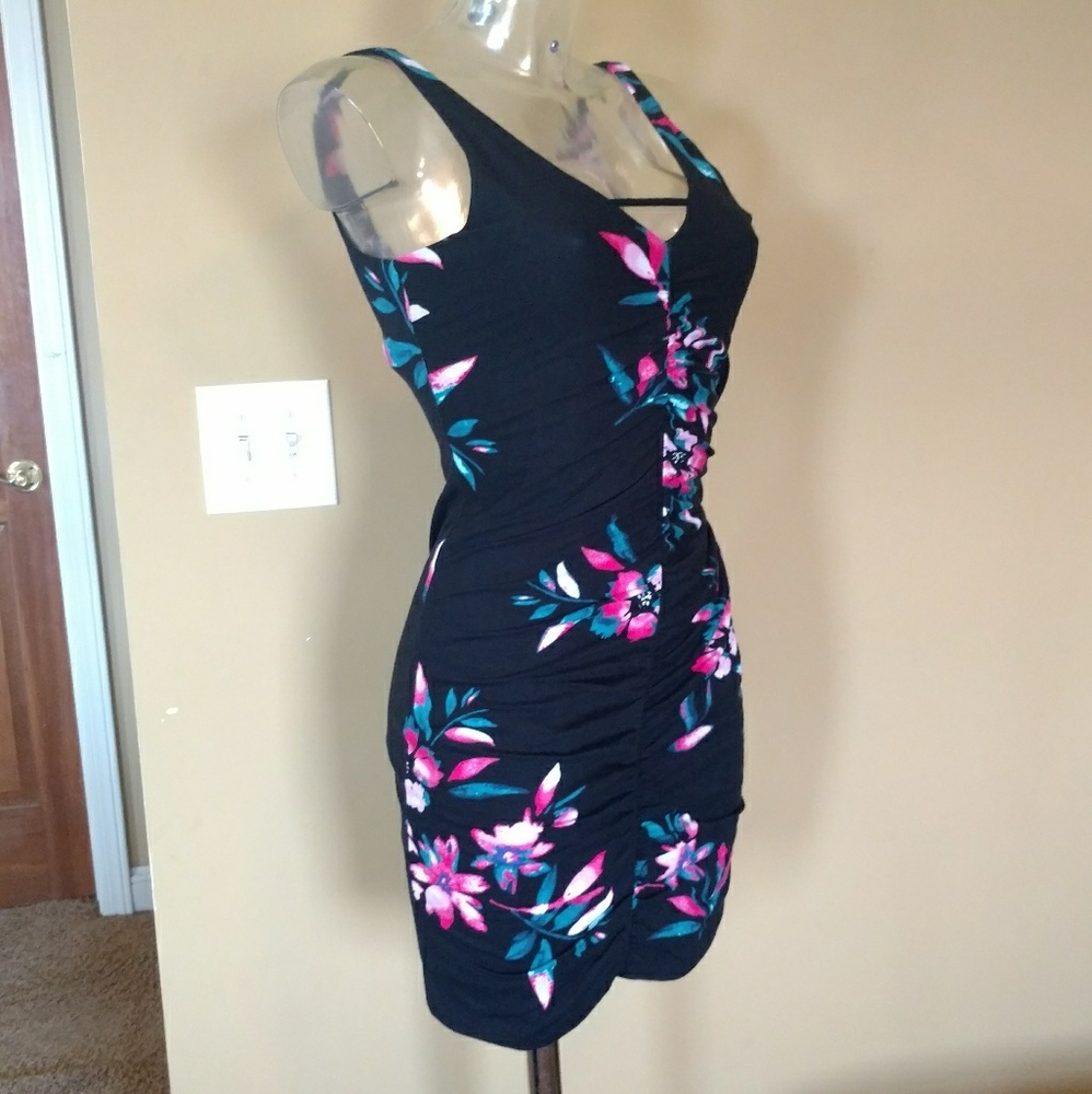 Stretchy, black and floral dress.